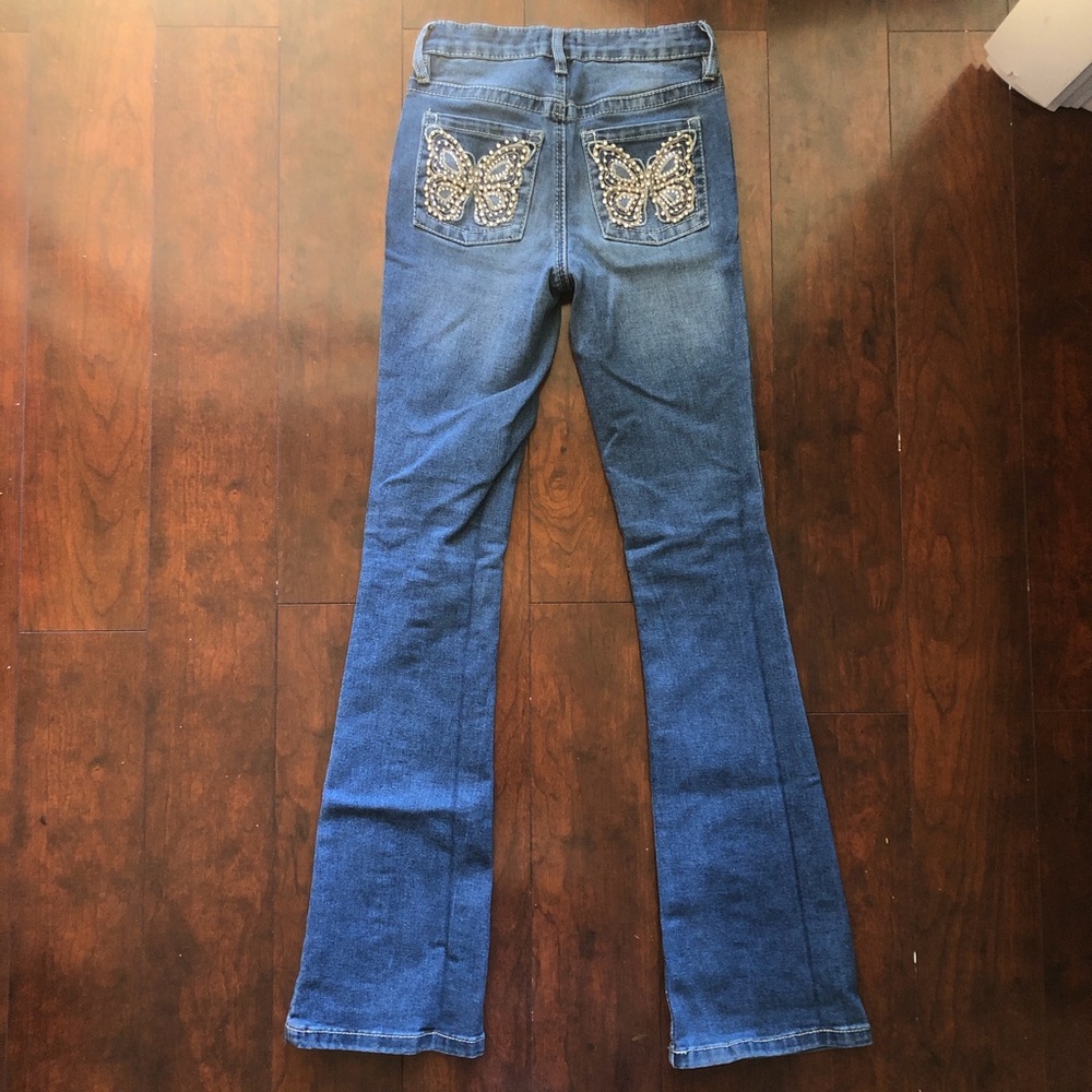 Y2K low rise denim bootcut jeans with butterfly rhinestone pockets